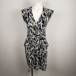 Diane Von Furstenberg Rayon Black Yellow Patterned Wrap Dress Women's Size 6